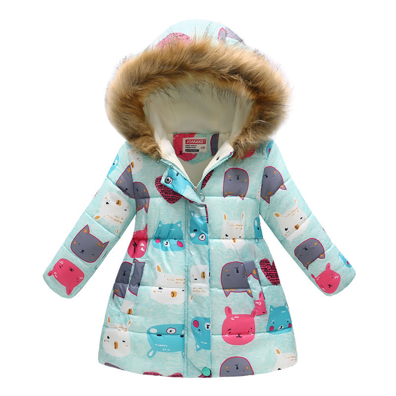 Children's Hooded Cotton Jacket with Long Fur Collar