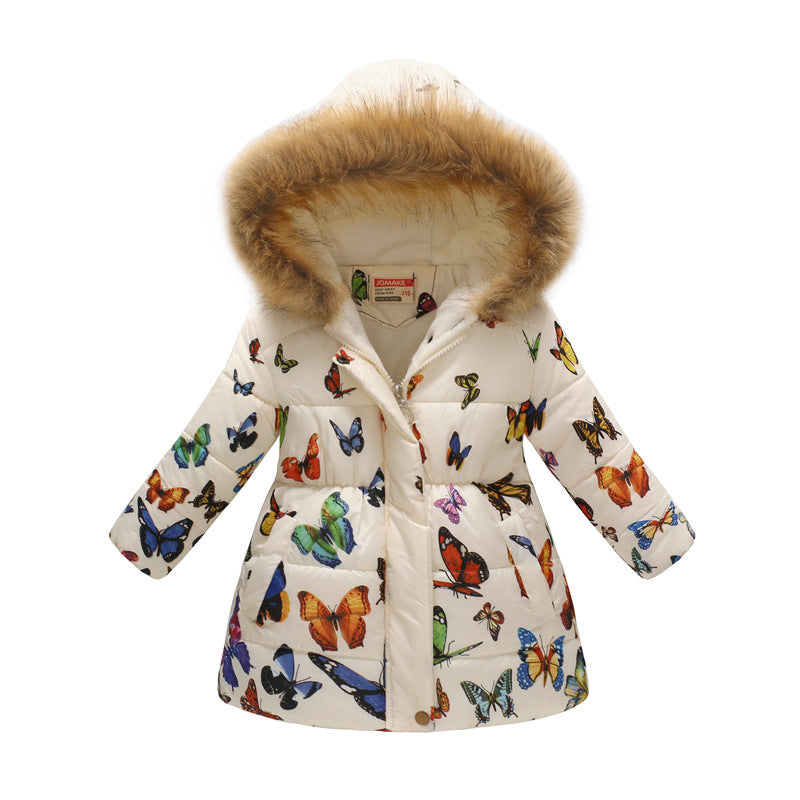 Children's Hooded Cotton Jacket with Long Fur Collar