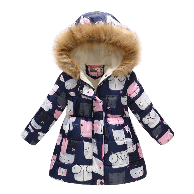 Children's Hooded Cotton Jacket with Long Fur Collar