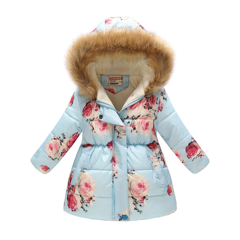 Children's Hooded Cotton Jacket with Long Fur Collar