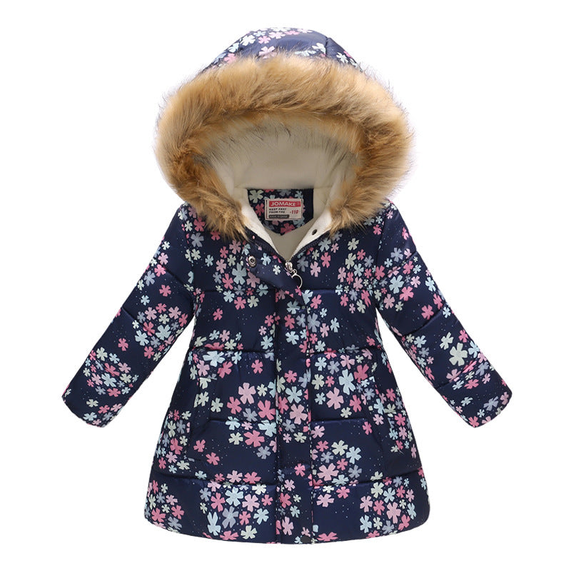 Children's Hooded Cotton Jacket with Long Fur Collar