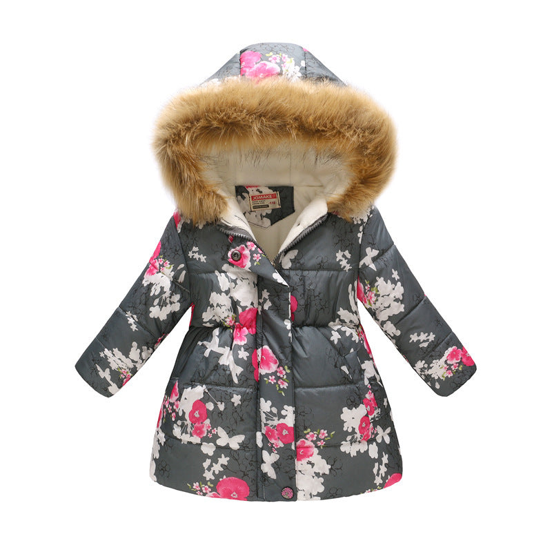 Children's Hooded Cotton Jacket with Long Fur Collar
