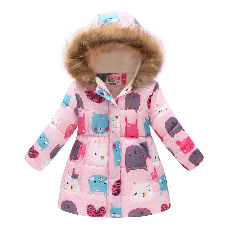 Children's Hooded Cotton Jacket with Long Fur Collar