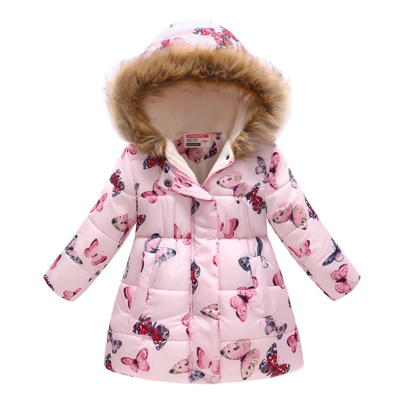 Children's Hooded Cotton Jacket with Long Fur Collar
