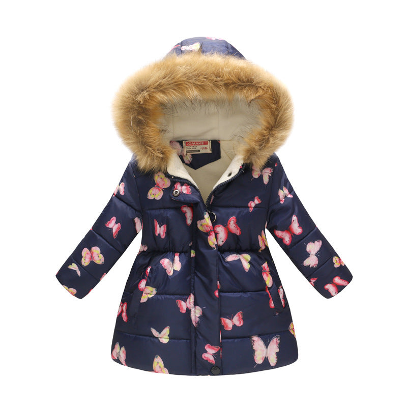 Children's Hooded Cotton Jacket with Long Fur Collar