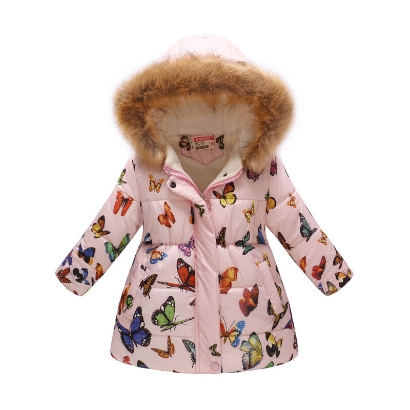 Children's Hooded Cotton Jacket with Long Fur Collar